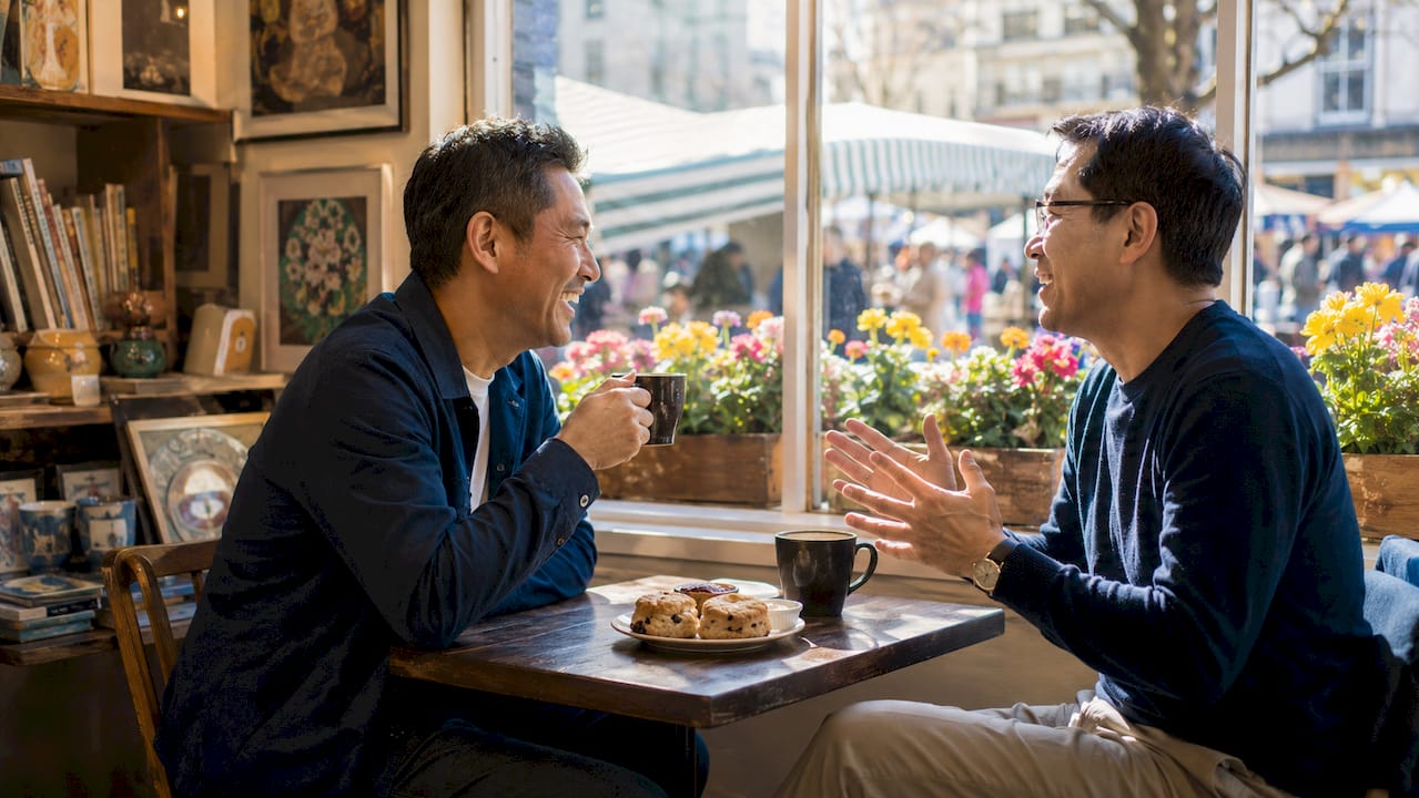 Two men chatting at outdoor café table