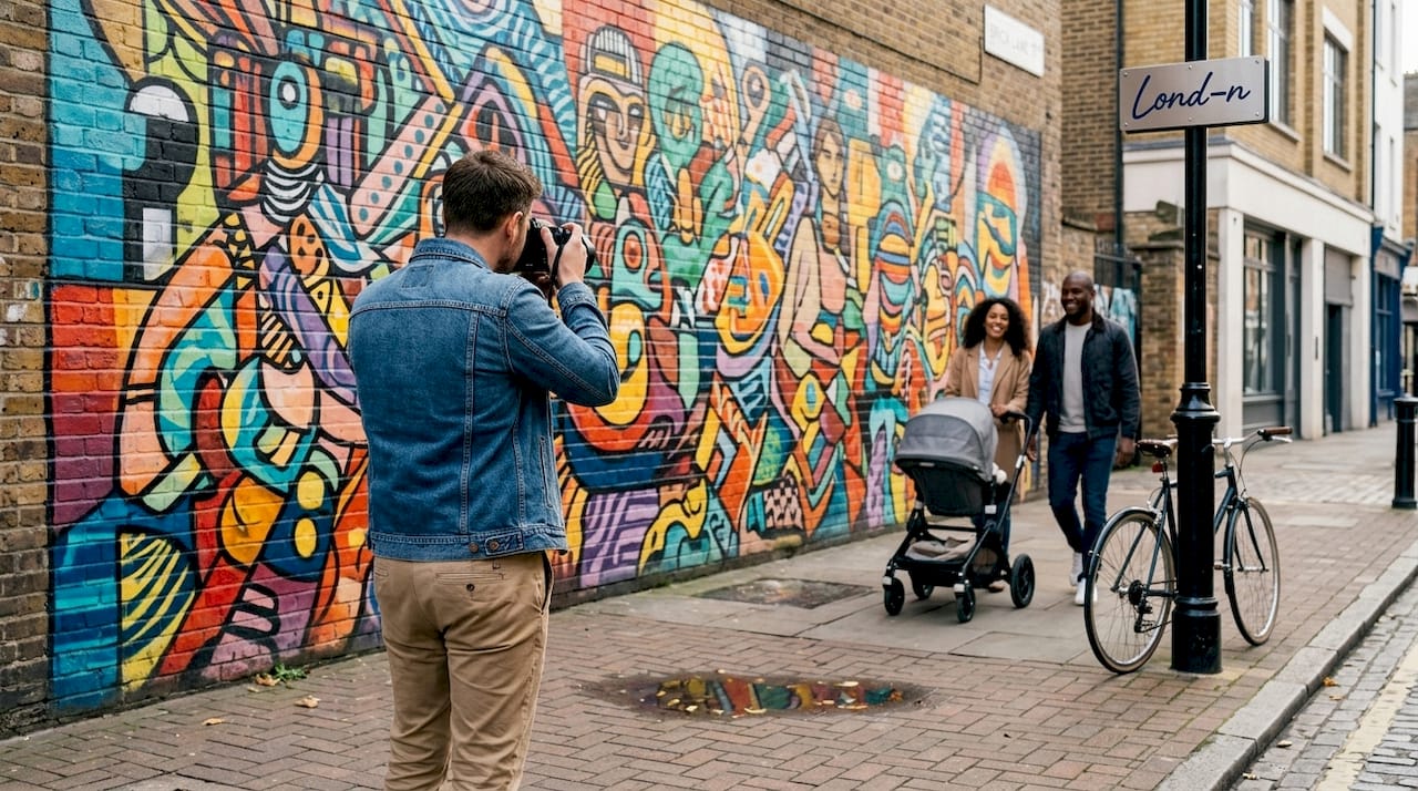 Man photographing Shoreditch street art wall