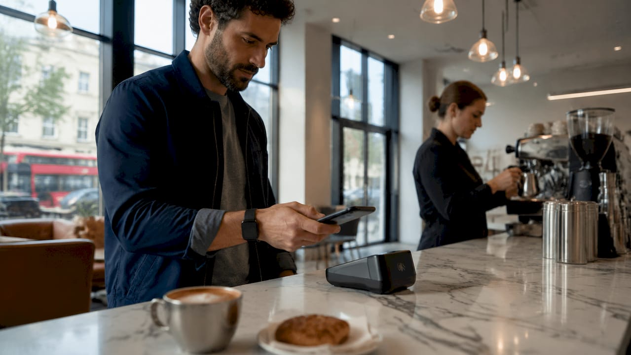 Man making contactless payment in London coffee shop