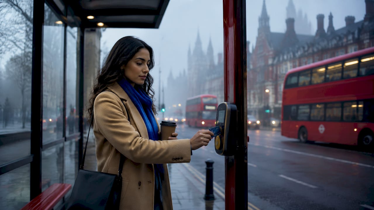 Woman tapping contactless card at London bus stop