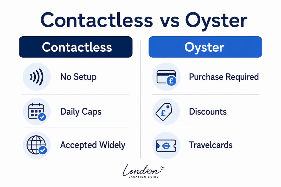 Infographic comparing Contactless and Oyster card features in London