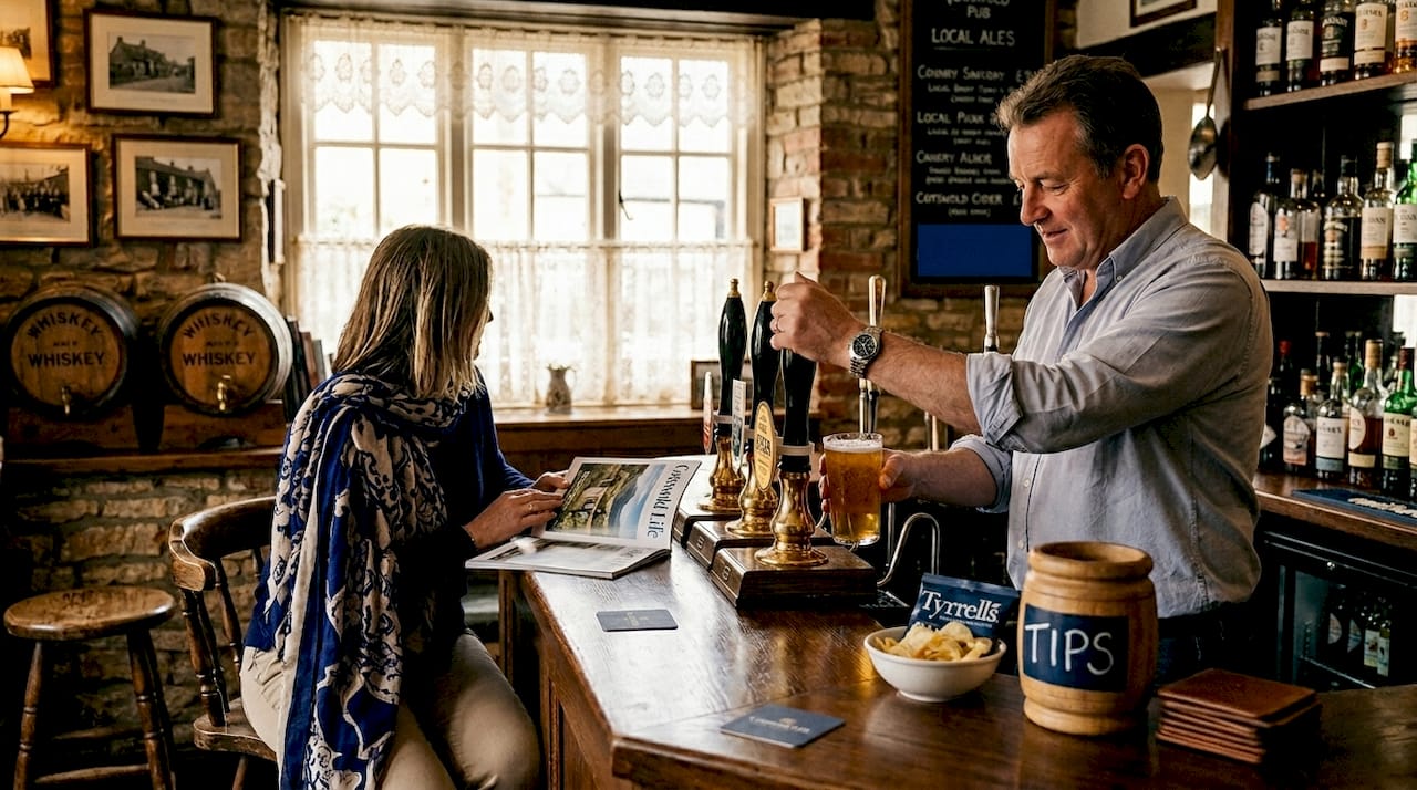 Bartender pours ale for London pub lunch