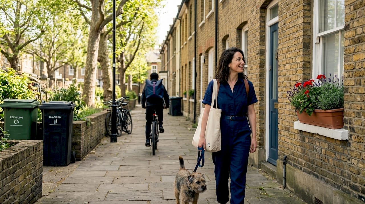 Londoner walking in everyday neighbourhood scene