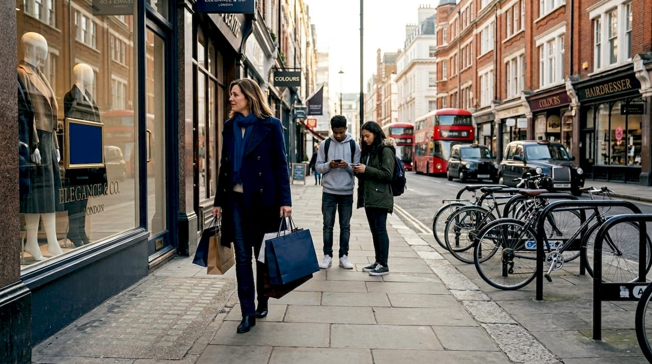 Woman shopping on busy London street