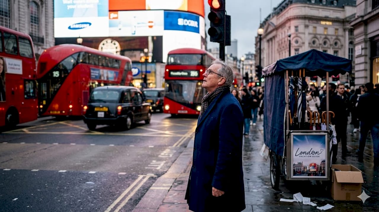 Pedestrian waits amid evening London traffic