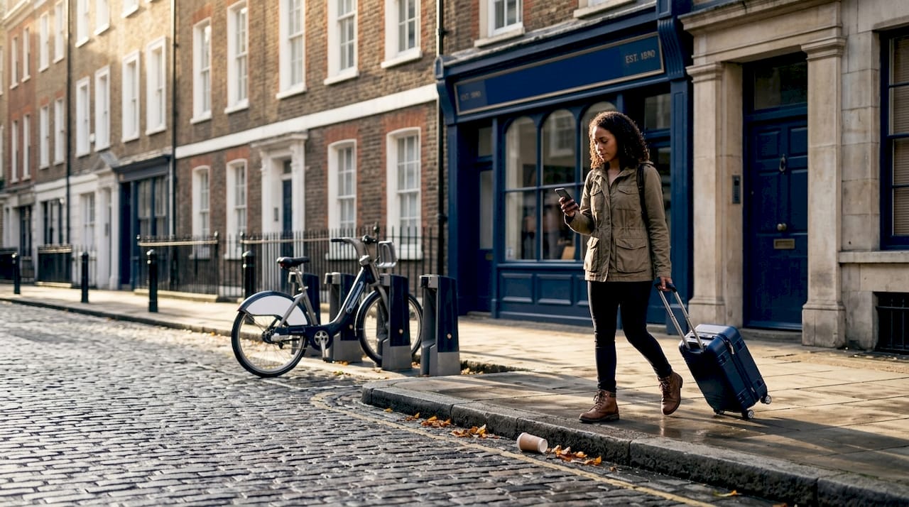 Woman walking with suitcase in central London street
