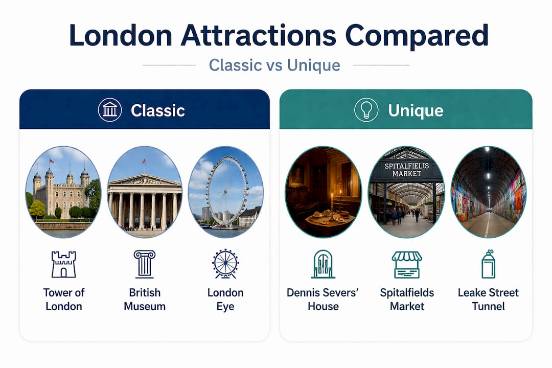 Infographic comparing classic and unique London experiences