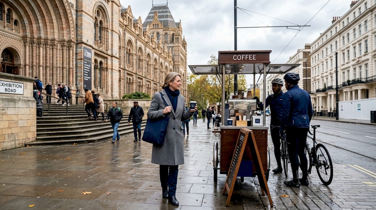 Pedestrians outside London museum near coffee stand