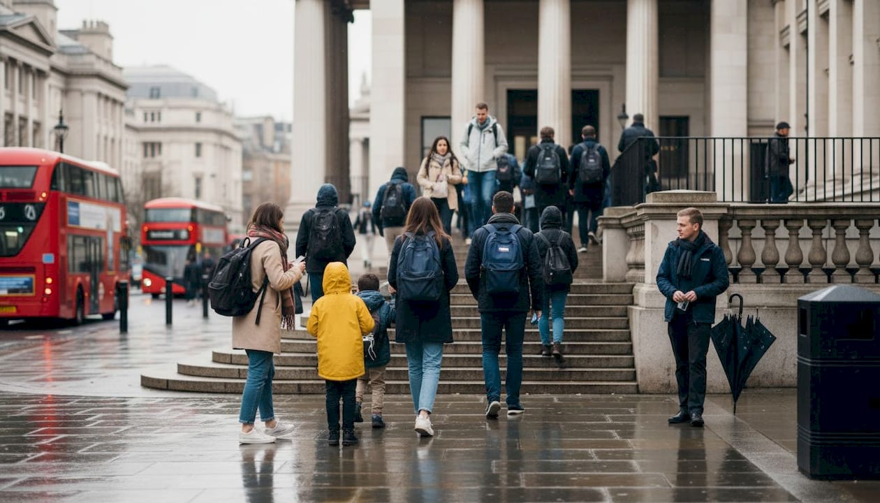 Tourists entering British Museum on rainy London morning