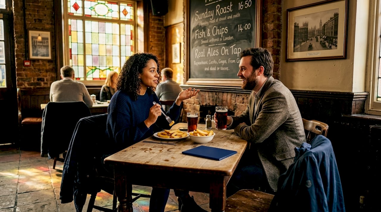 Friends enjoying conversation in London pub