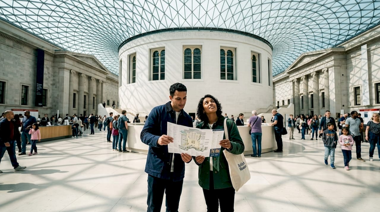 Tourists checking map in British Museum hall