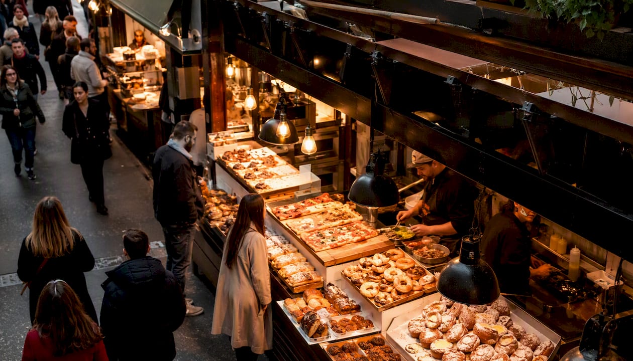 London food market street stalls with vibrant dishes