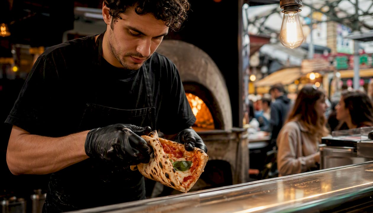 Vendor folding Neapolitan pizza at street food stall
