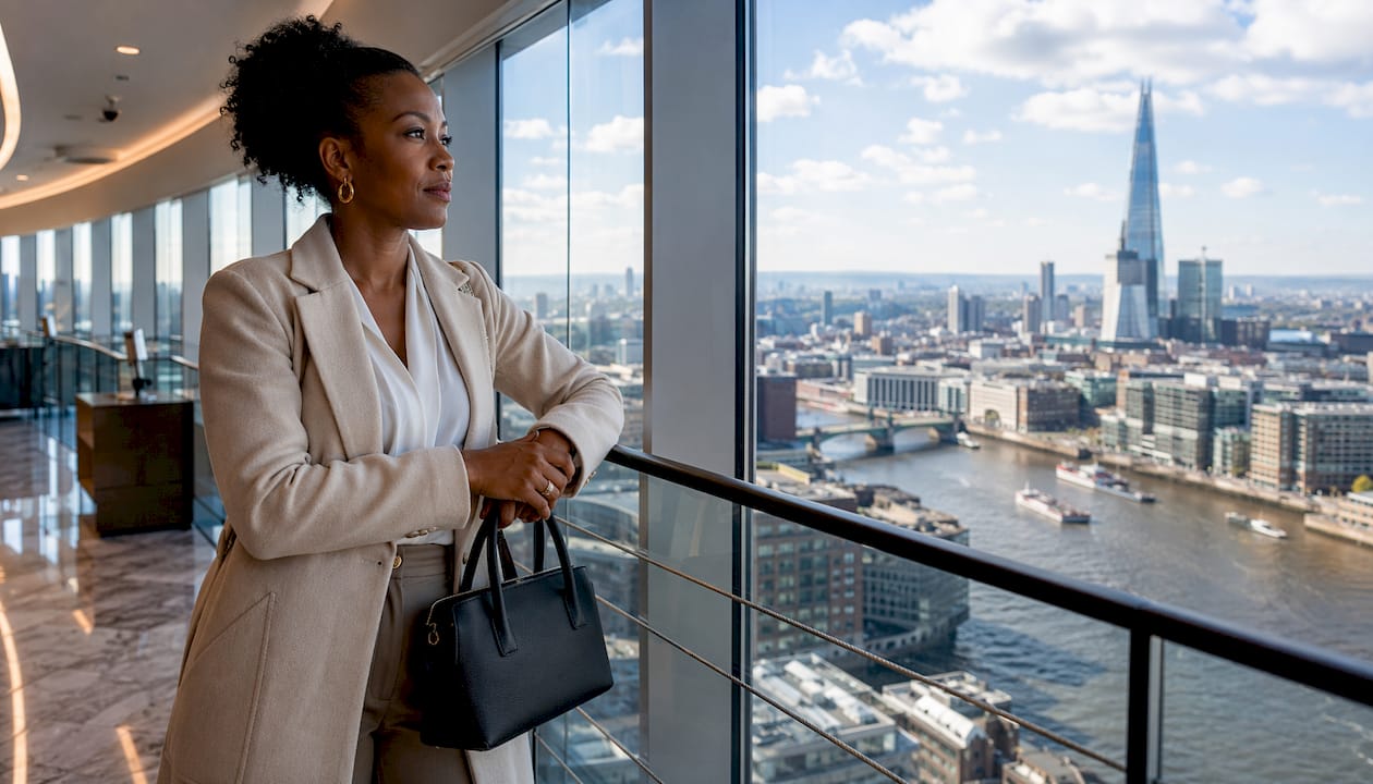 Woman enjoying city view at Horizon 22 gallery