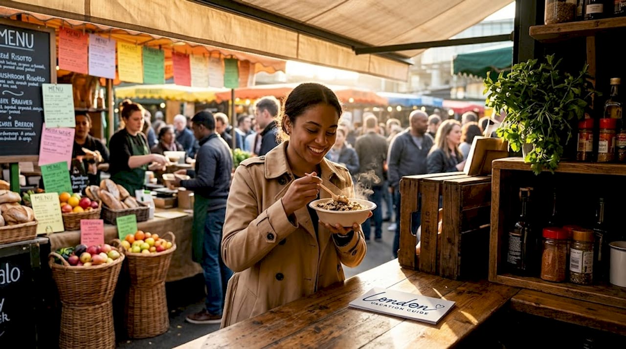 Woman eating wild mushroom risotto Borough Market