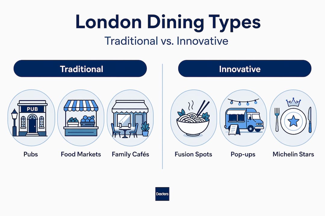 Infographic comparing traditional and innovative London dining