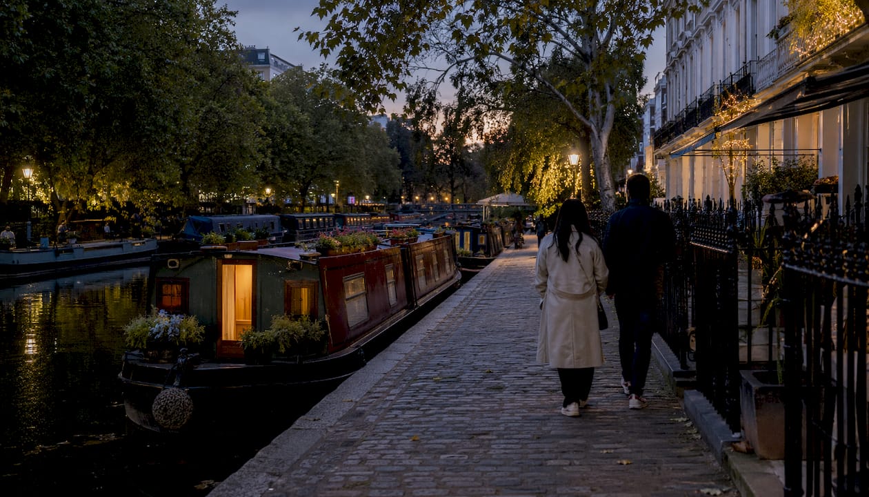 Regent's Canal with moored narrow boats near Little Venice
