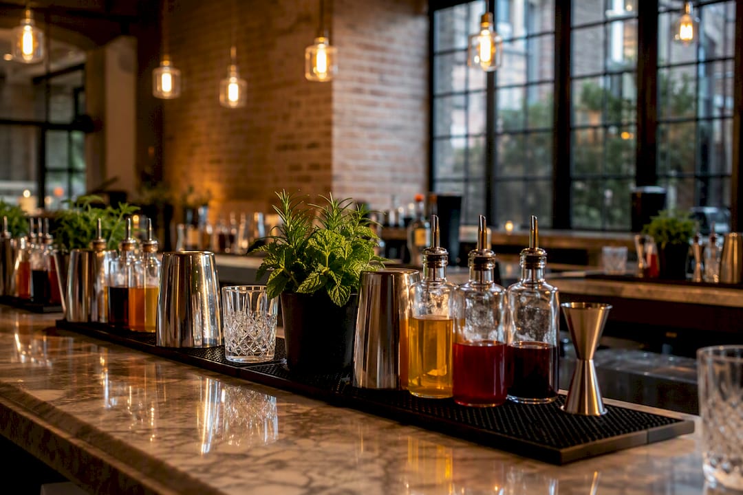 Cocktail class bar stations with tools and ingredients