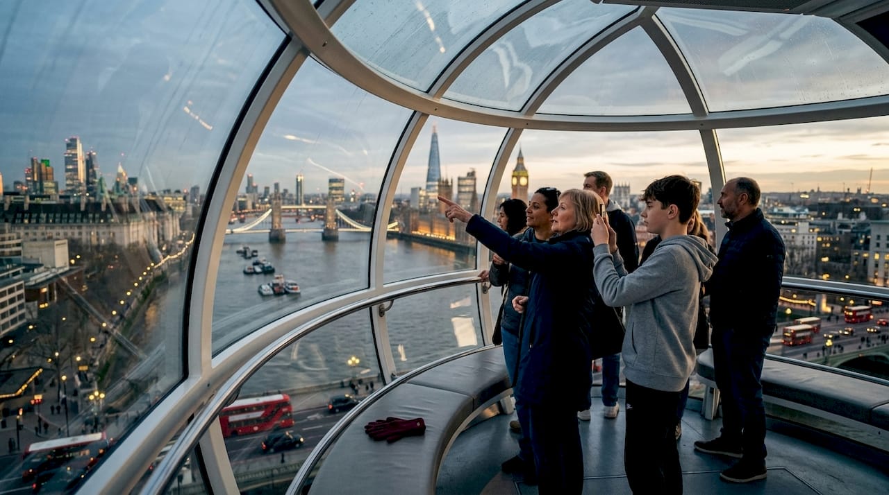 Passengers inside London Eye glass capsule