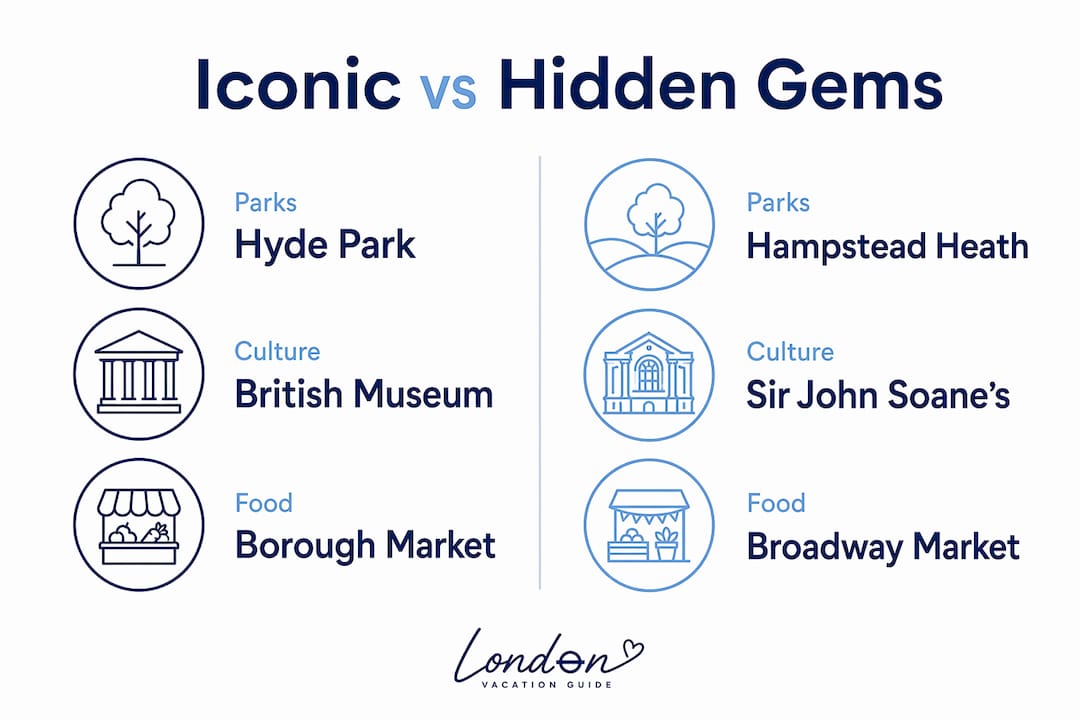 Comparison infographic: iconic landmarks versus hidden gems in London