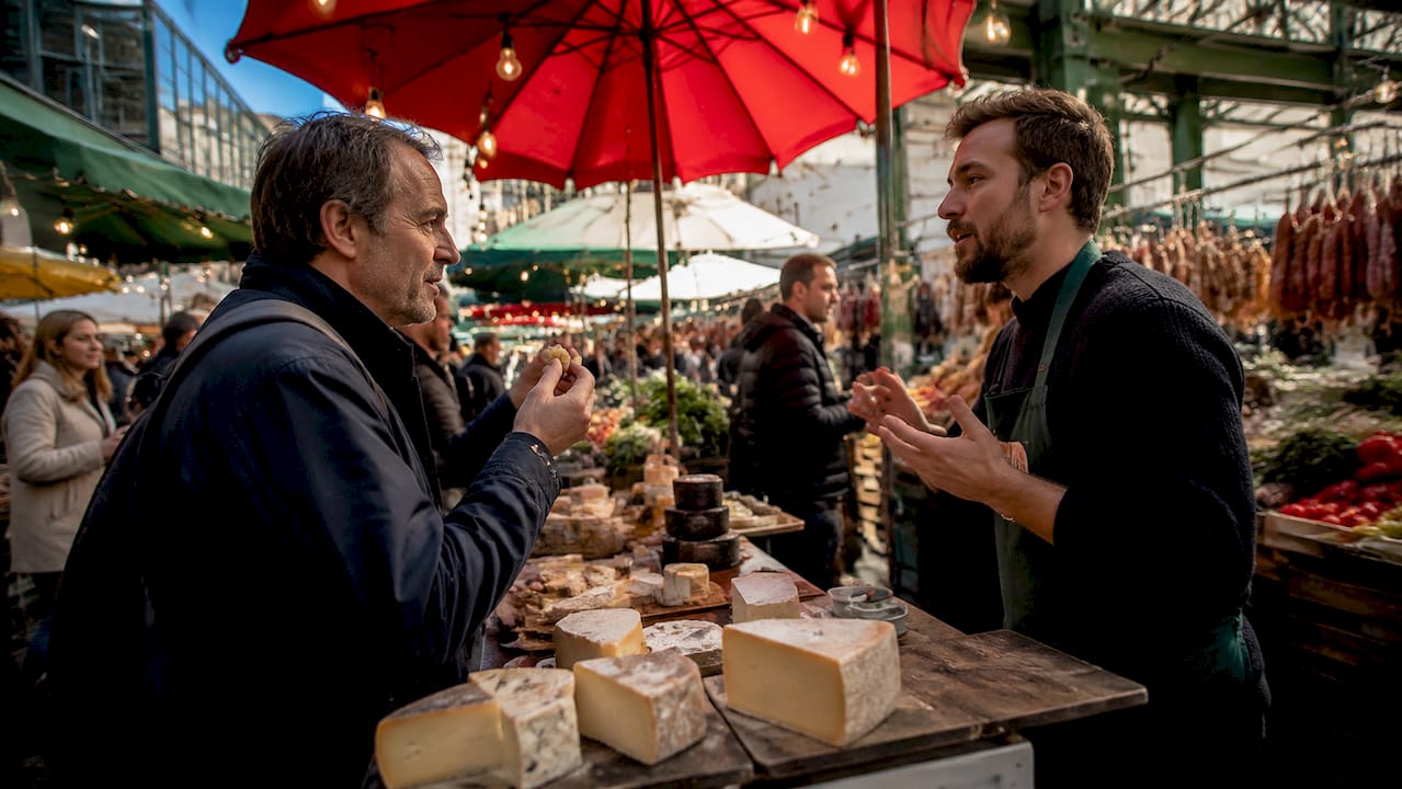 Man tasting cheese at Borough Market food stall