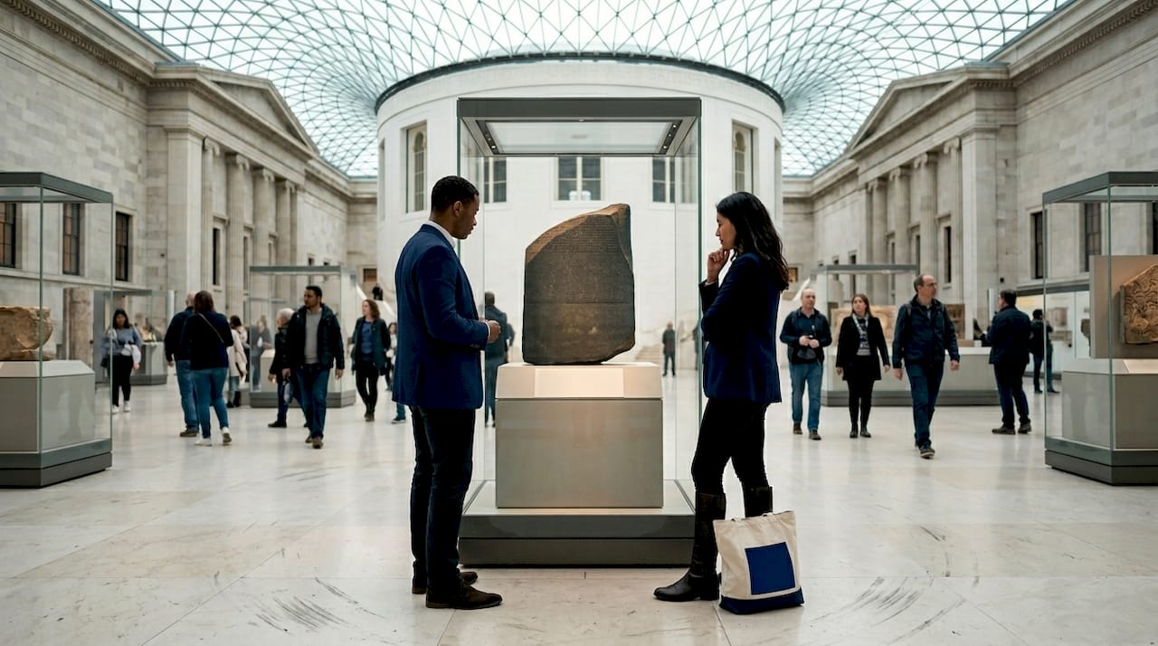 Visitors at British Museum Rosetta Stone display