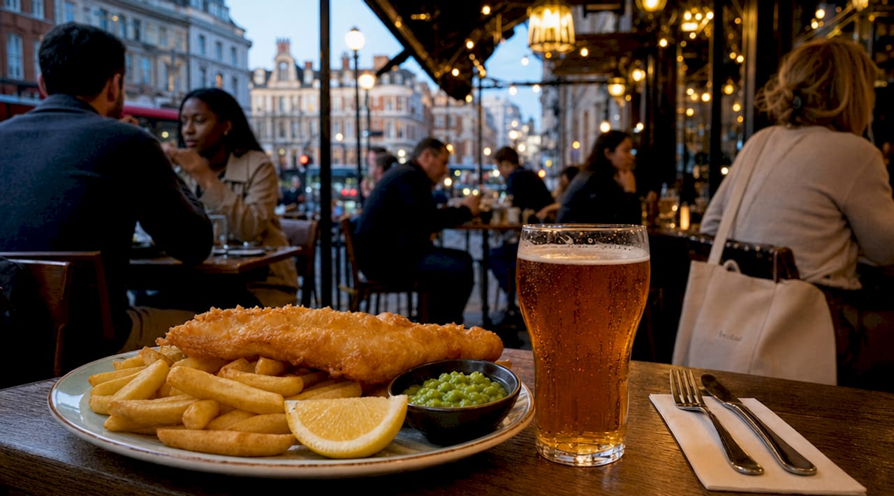 Classic fish and chips with mushy peas in pub