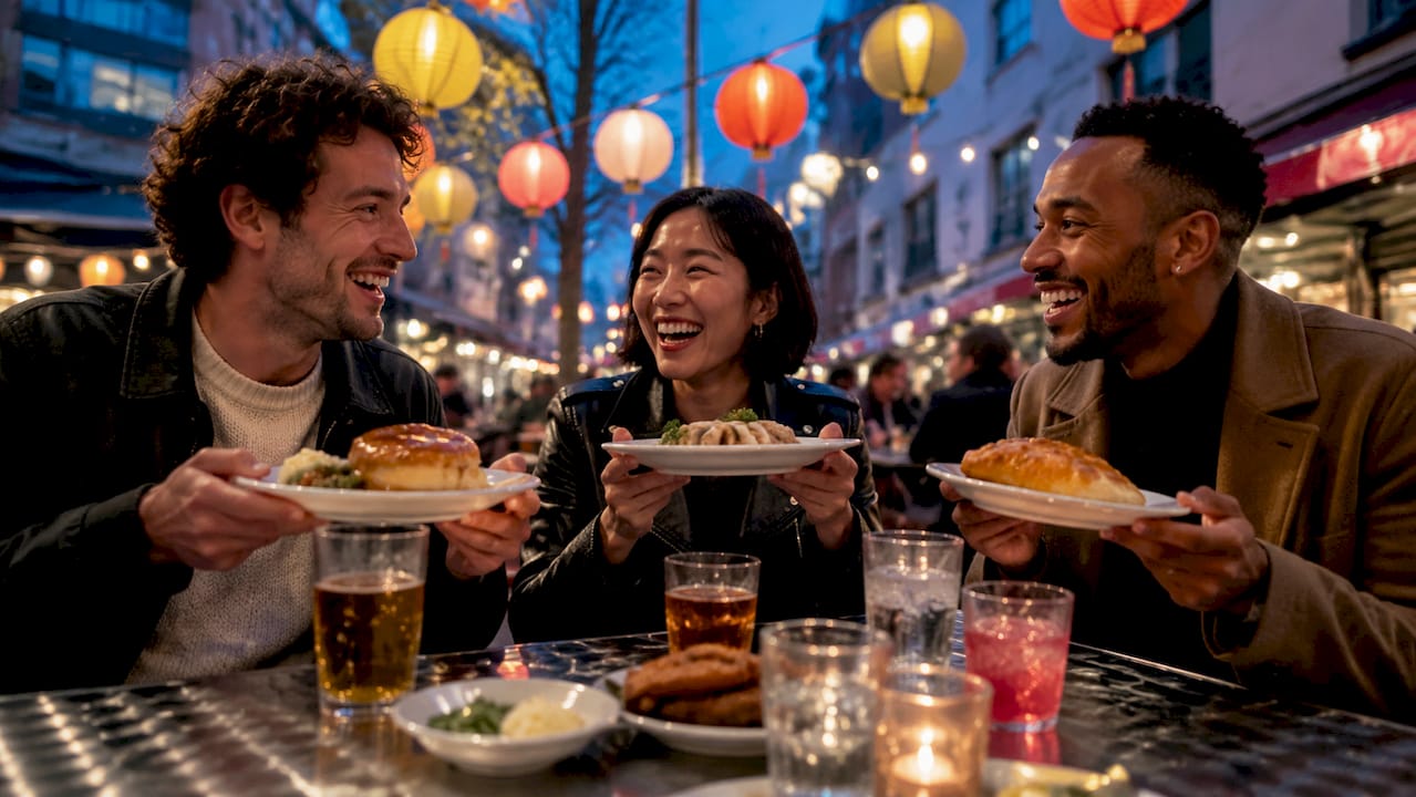 Friends enjoying London street food dishes