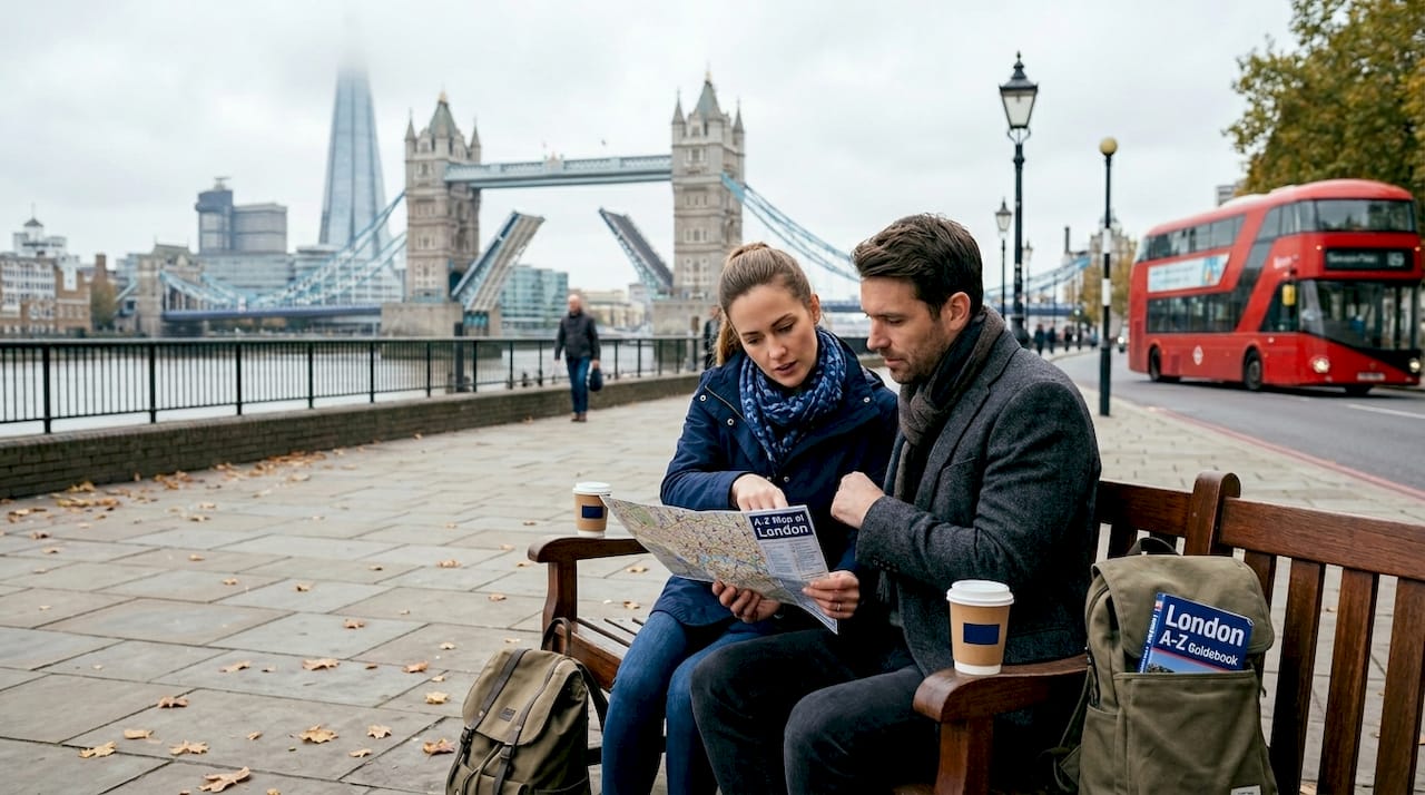 Travelers planning beside London River Thames