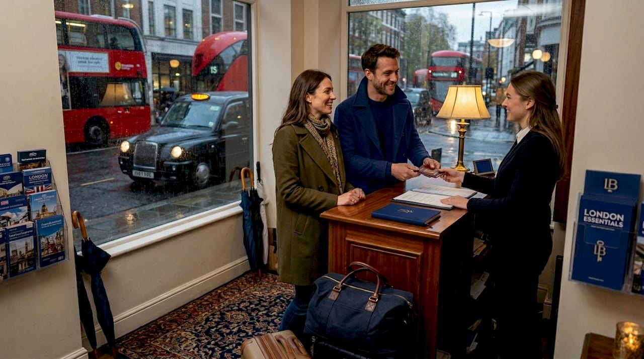 Guests checking in at London hotel lobby