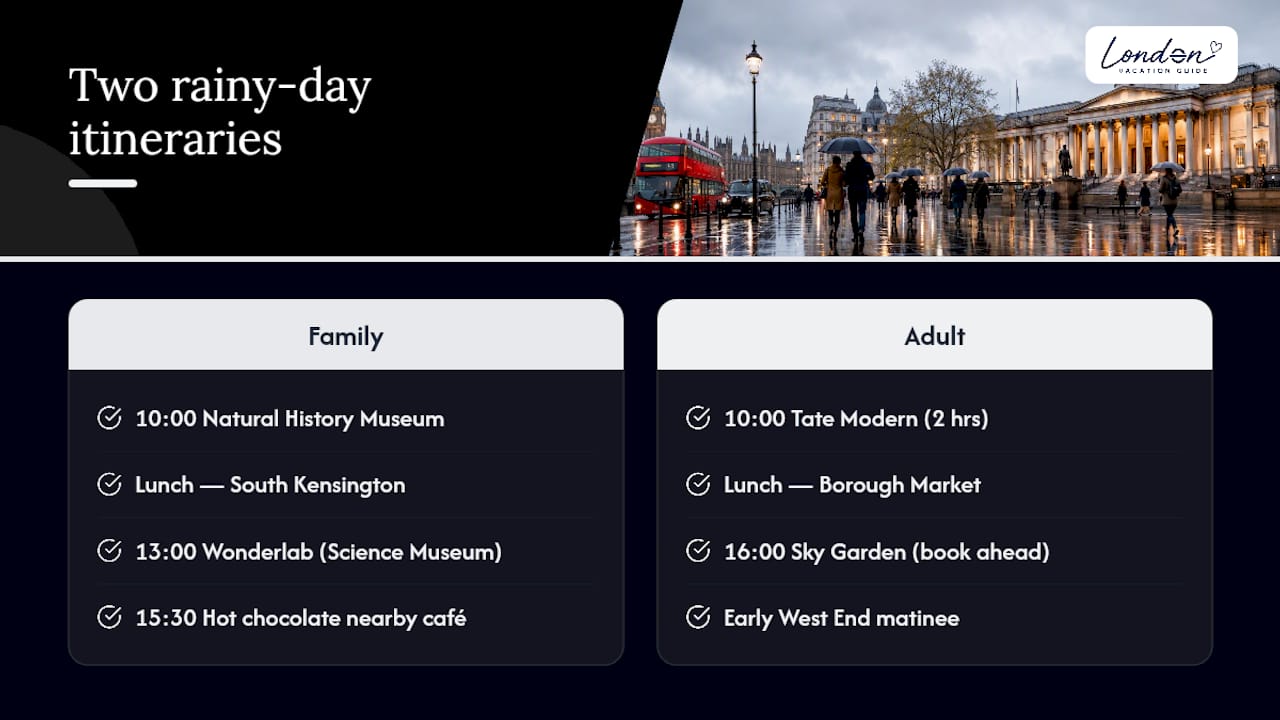 Two timed rainy day London itineraries