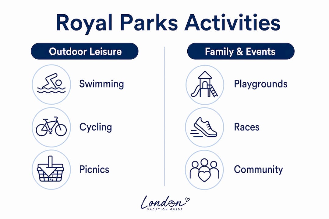 Infographic displaying activities and facilities in Royal Parks