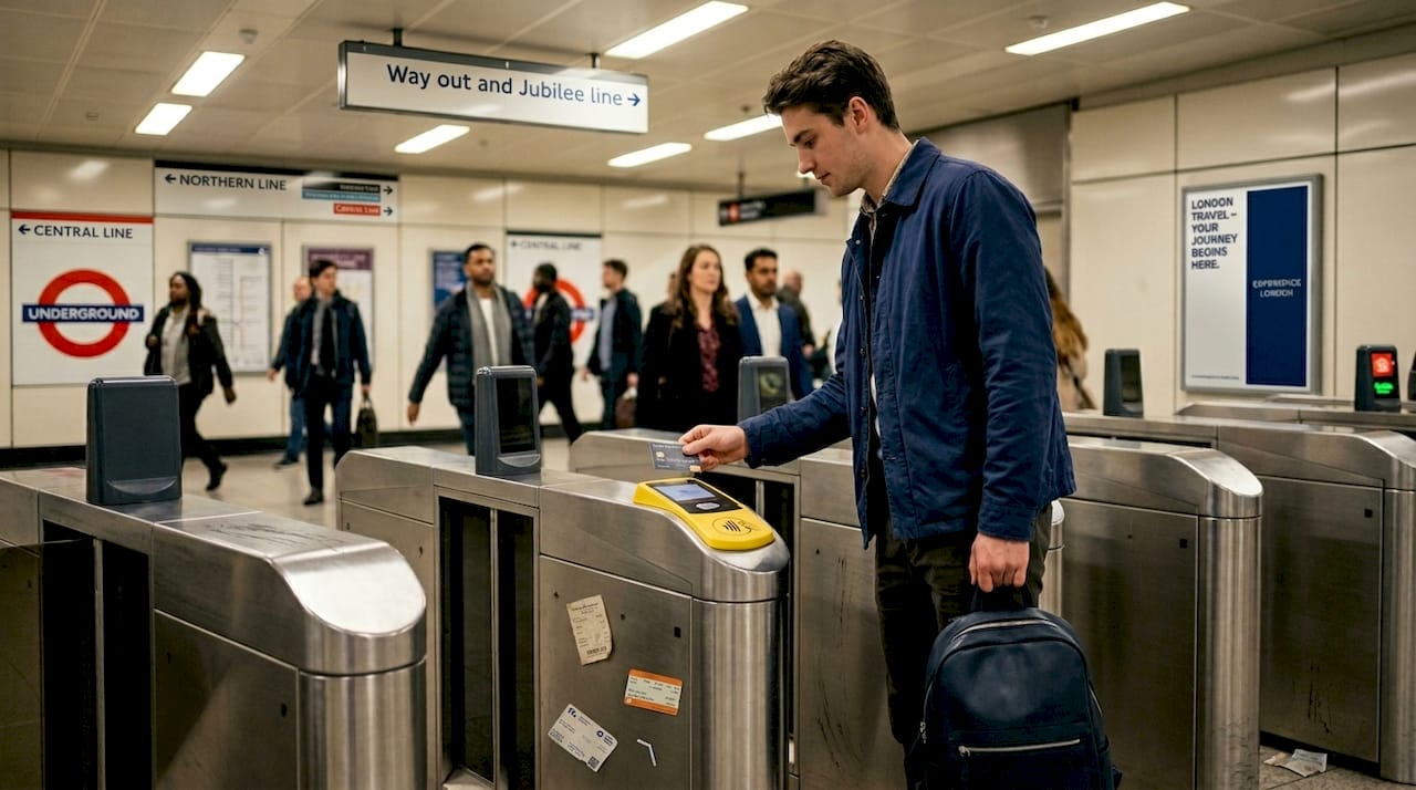 Contactless card tap at London Tube barrier