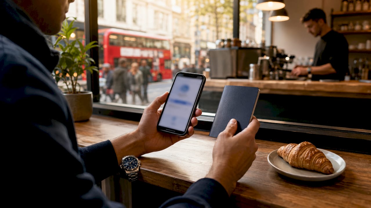 Hands holding passport and smartphone with travel app