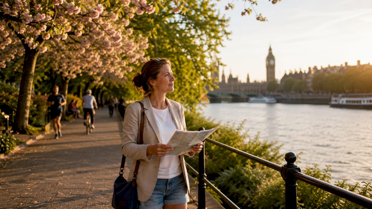 Woman tourist viewing London landmarks outdoors