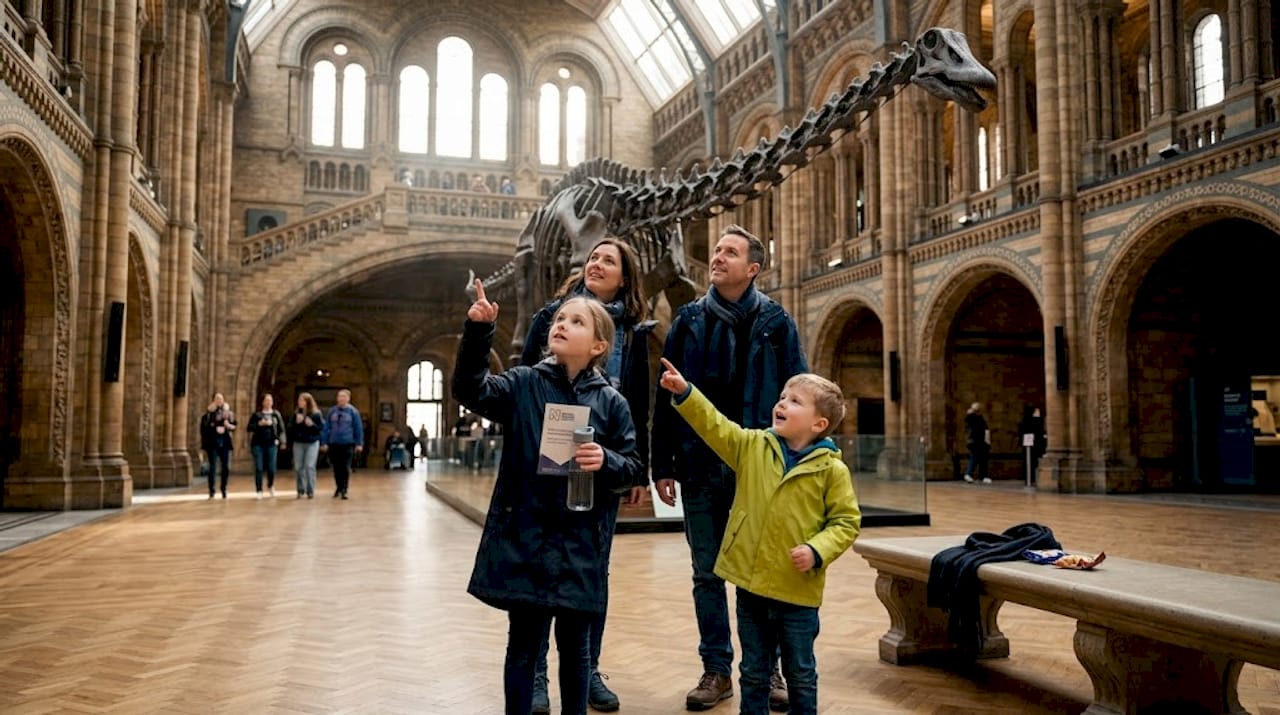 Family viewing dinosaur skeleton in museum foyer
