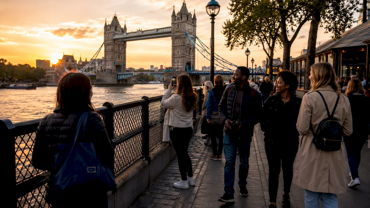 Tourists enjoying a London city walk along the Thames