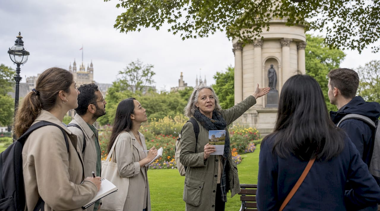 Group on guided walking tour near London landmark