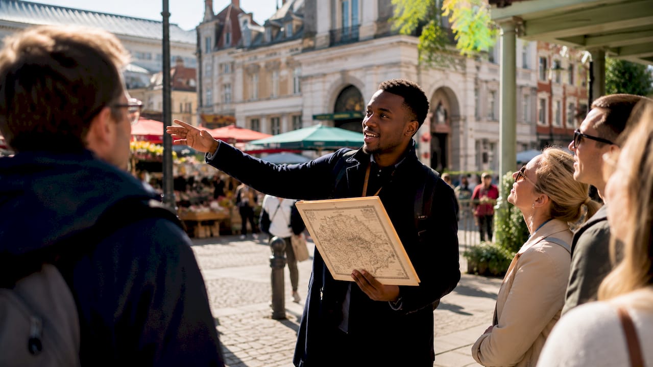 Tour guide explaining London architecture outdoors