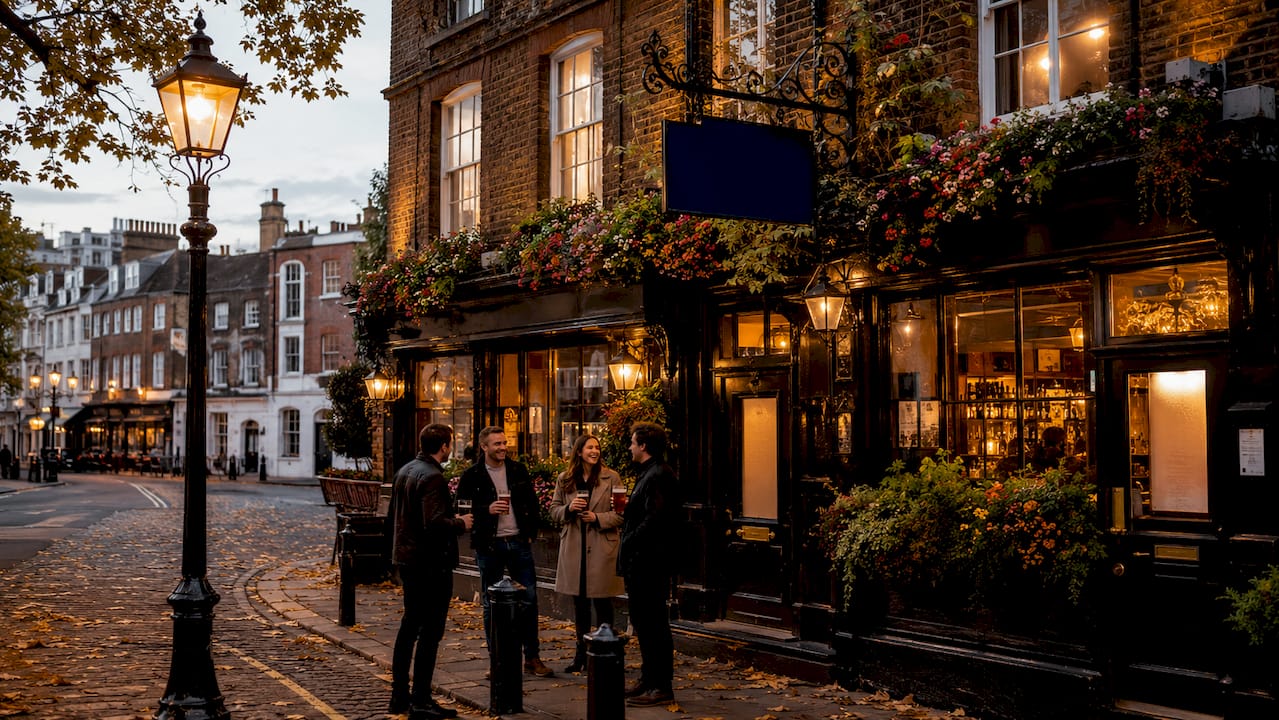 Historic London pub building exterior with locals outside