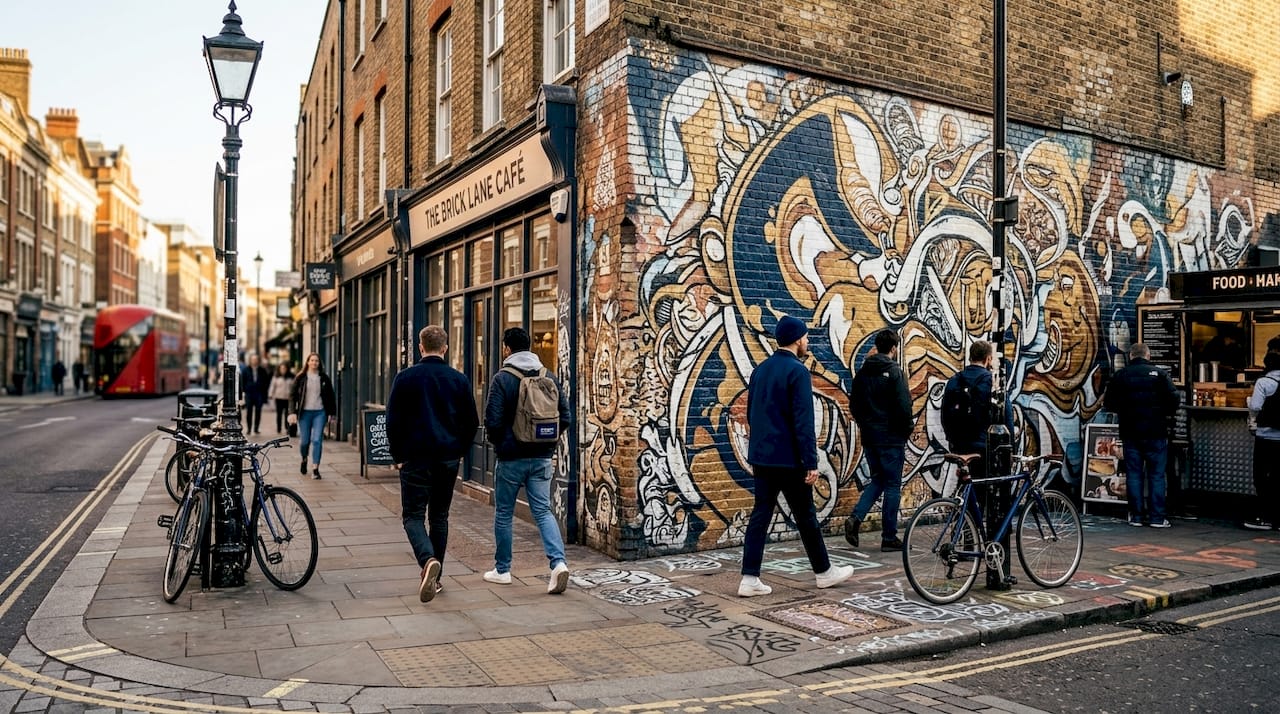 Colorful London street art mural on urban brick wall