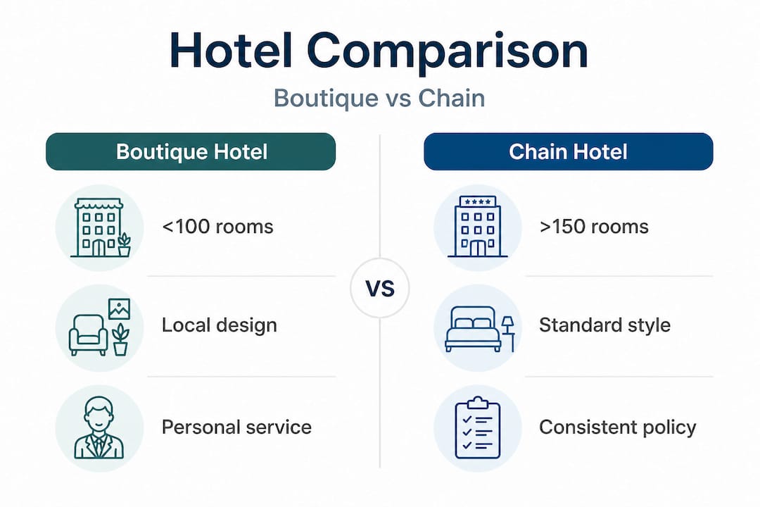 Infographic contrasting boutique and chain hotels