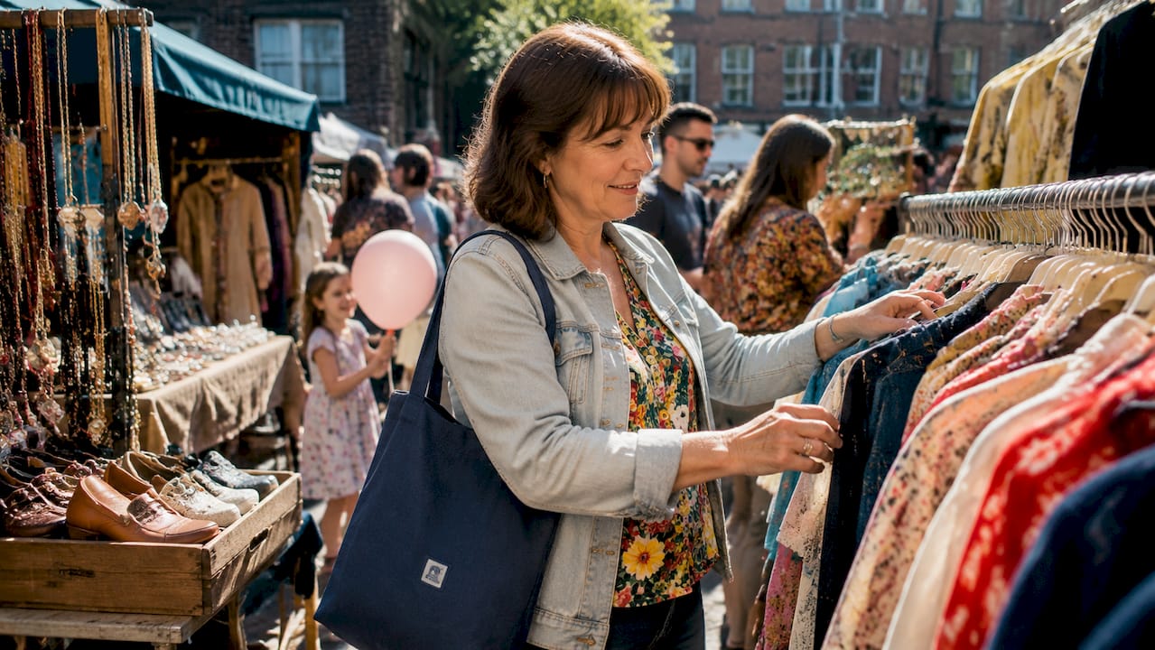 Woman browsing vintage clothes at market