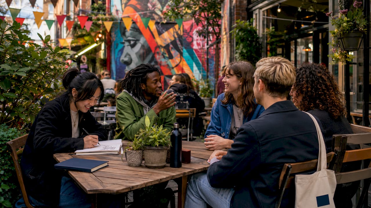 Diverse group admiring Shoreditch street art
