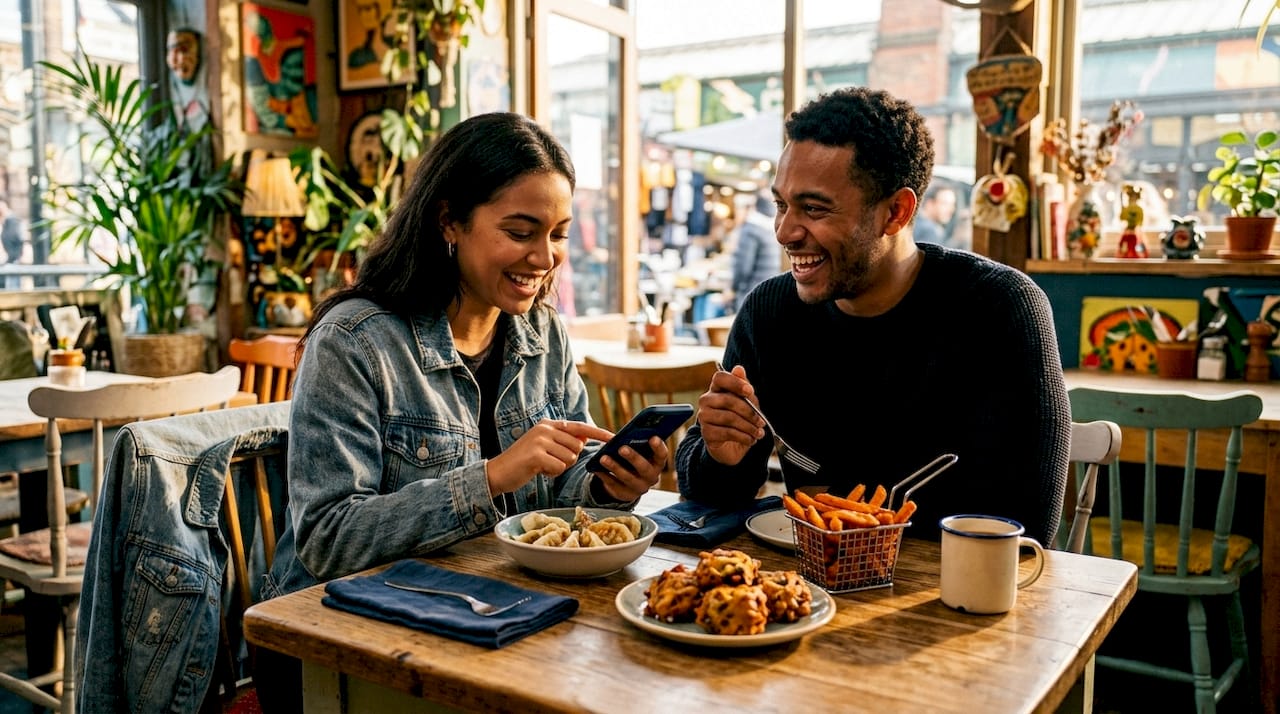 Friends sharing diverse dishes at Soho café