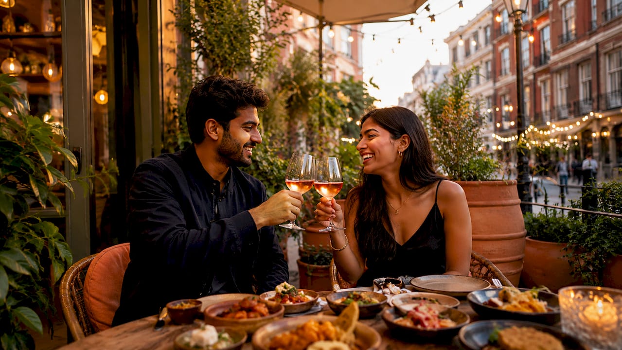 Couple dining in Soho restaurant warmly lit