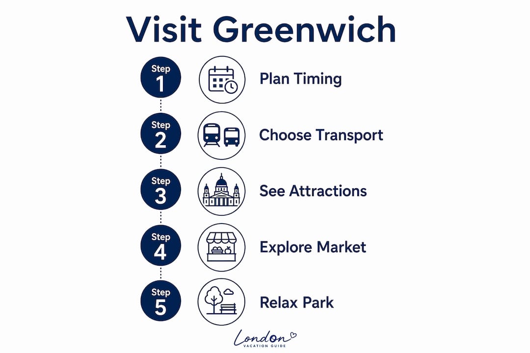Infographic illustrating steps to visit Greenwich