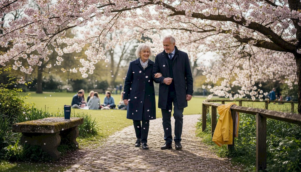 Couple walking in cherry blossom park London