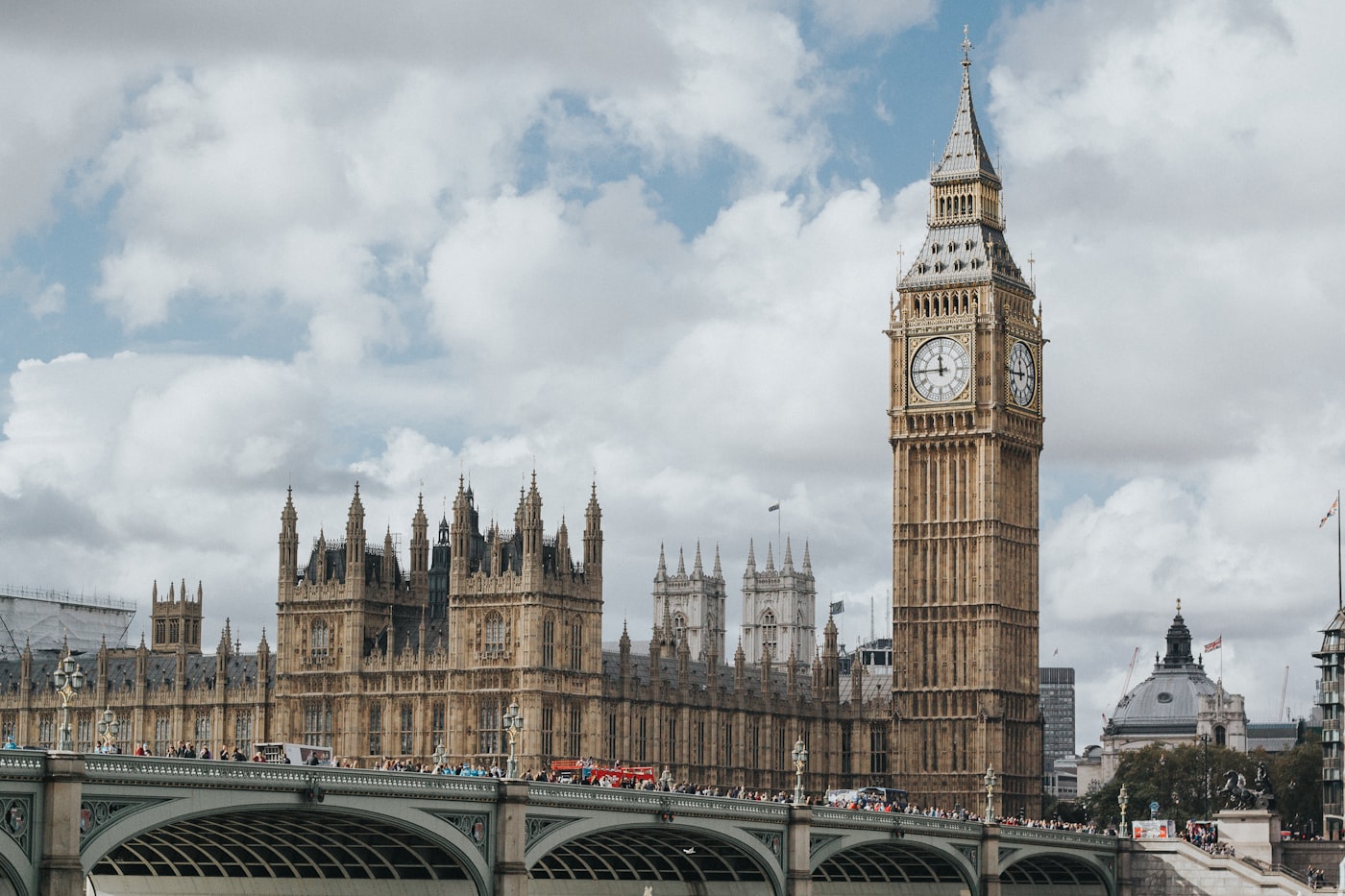 Big Ben and the Houses of Parliament at dusk viewed from Westminster Bridge, London